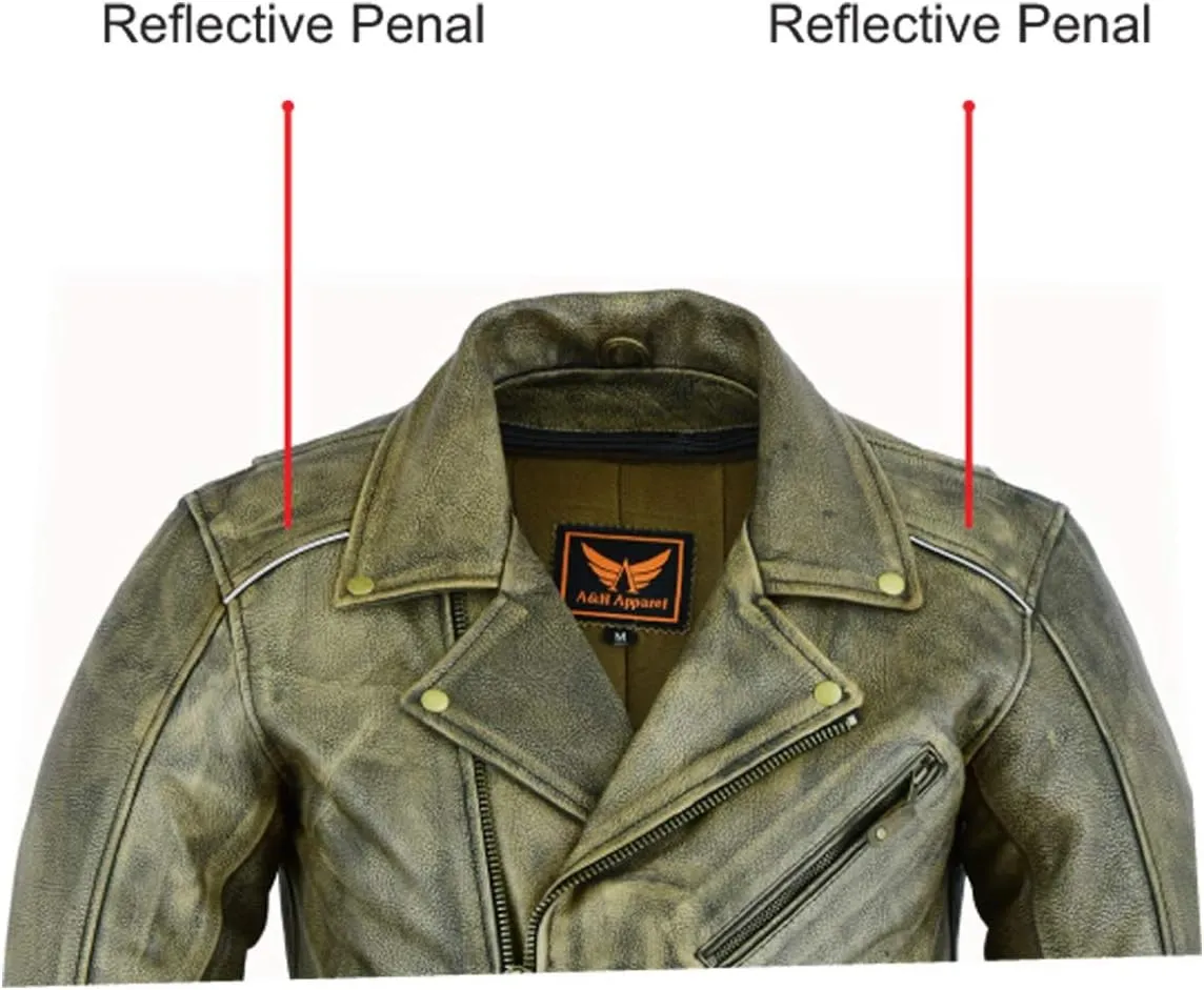 A&H Apparel - Men's Motorcycle Genuine Cowhide Leather Jacket: Classic Style in Genuine Cowhide Leather with Zip-Out Lining (Distressed, L)