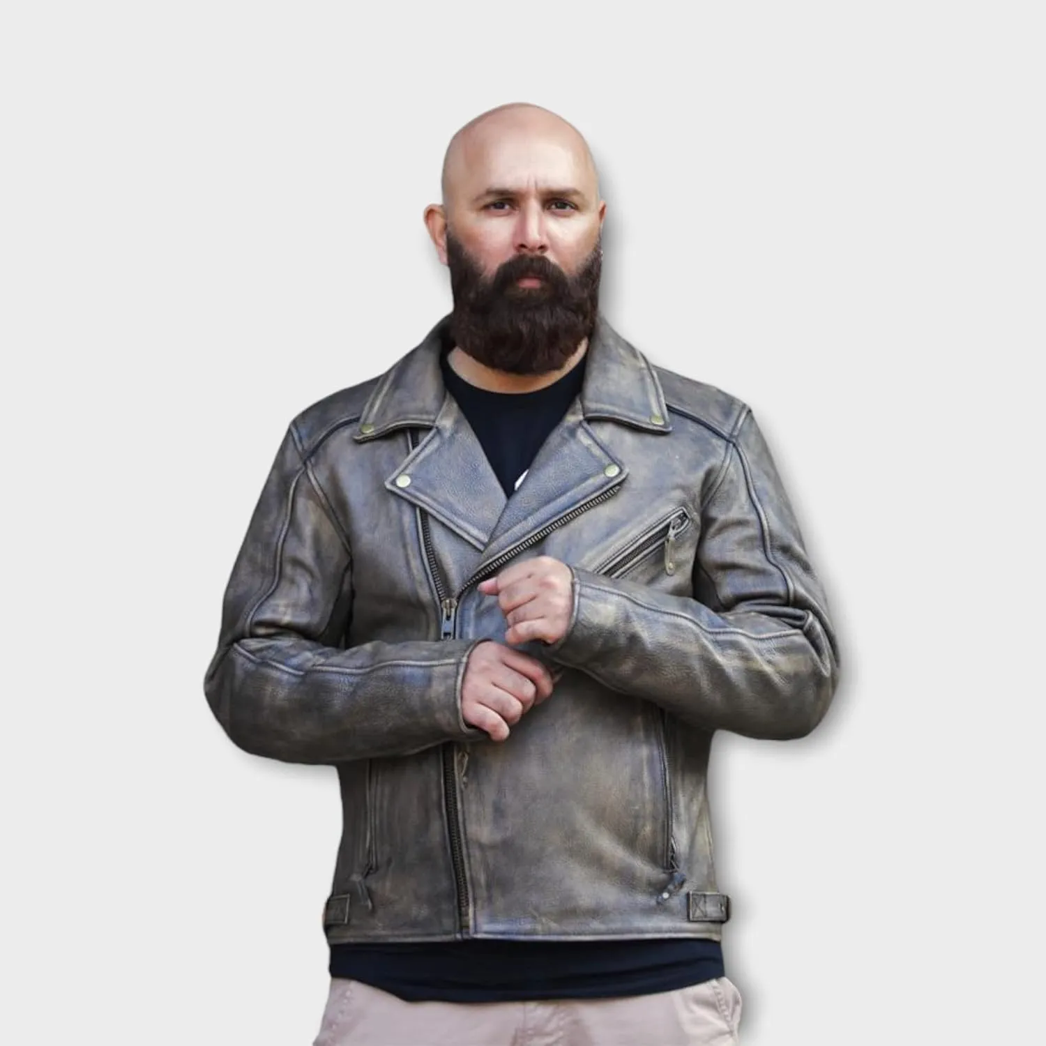 A&H Apparel - Men's Motorcycle Genuine Cowhide Leather Jacket: Classic Style in Genuine Cowhide Leather with Zip-Out Lining (Distressed, L)