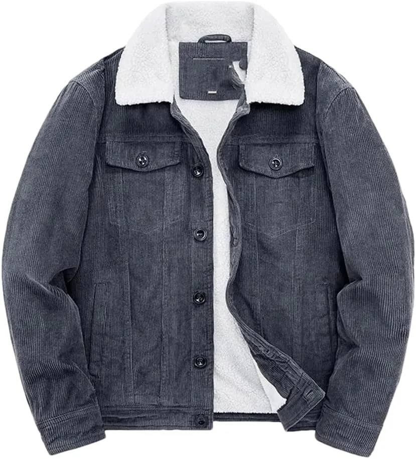 Adhdyuud Male Cotton Padded Warm Jackets Loose Corduroy Short Parka Coat Casual Solid Zip Windbreaker Gray XL