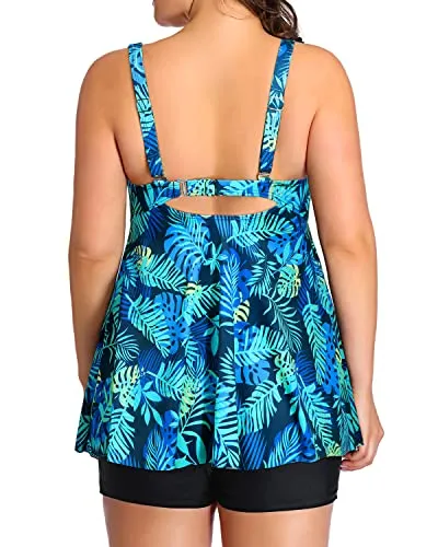 Adjustable Shoulder Straps Bathing Suits Tankini Swimsuits Shorts-Blue Leaves