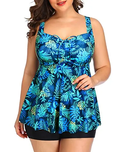Adjustable Shoulder Straps Bathing Suits Tankini Swimsuits Shorts-Blue Leaves
