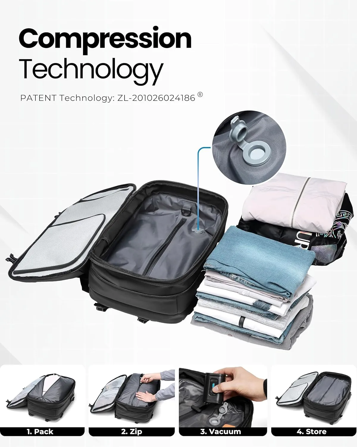 AirVault Vacuum Seal Travel Backpack 60L - Expandable Air Compression Vacuum System, Airback, Vacpack, Water-Resistant, Carry-On with TSA Lock Fits 19" Laptop, Backvac (Black)