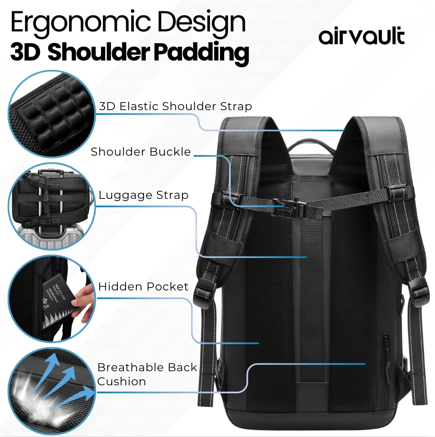 AirVault Vacuum Seal Travel Backpack 60L - Expandable Air Compression Vacuum System, Airback, Vacpack, Water-Resistant, Carry-On with TSA Lock Fits 19" Laptop, Backvac (Black)