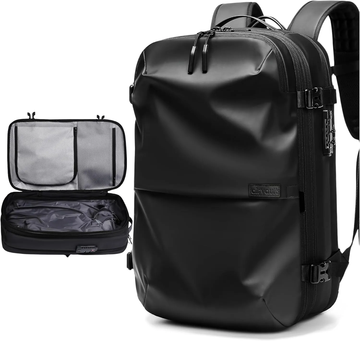 AirVault Vacuum Seal Travel Backpack 60L - Expandable Air Compression Vacuum System, Airback, Vacpack, Water-Resistant, Carry-On with TSA Lock Fits 19" Laptop, Backvac (Black)