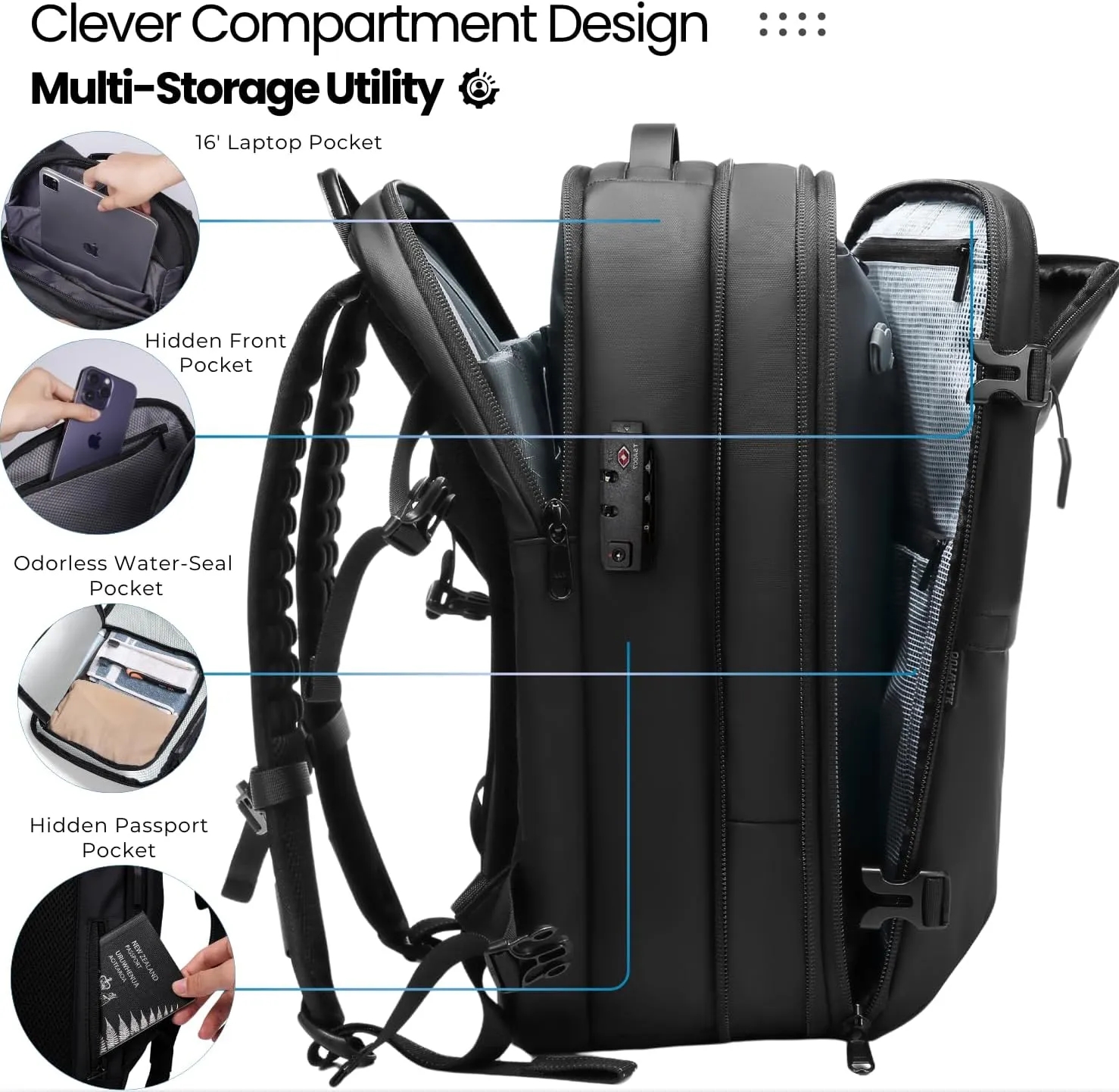 AirVault Vacuum Seal Travel Backpack 60L - Expandable Air Compression Vacuum System, Airback, Vacpack, Water-Resistant, Carry-On with TSA Lock Fits 19" Laptop, Backvac (Black)