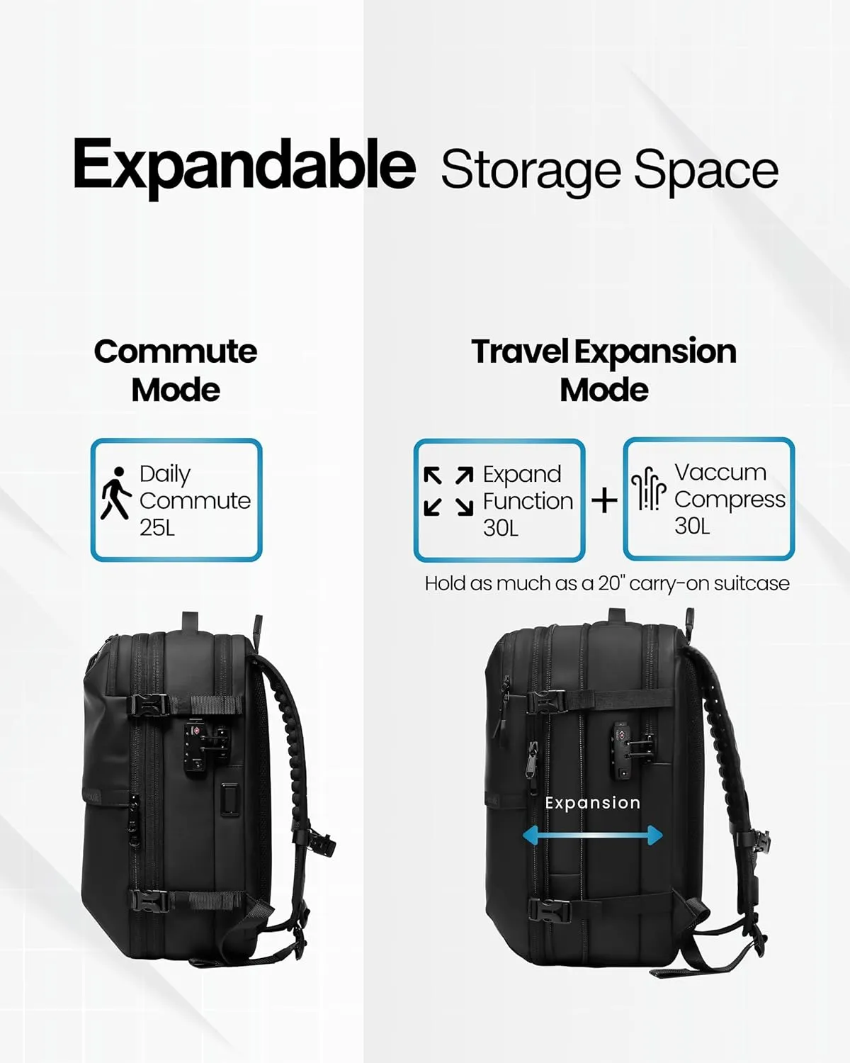 AirVault Vacuum Seal Travel Backpack 60L - Expandable Air Compression Vacuum System, Airback, Vacpack, Water-Resistant, Carry-On with TSA Lock Fits 19" Laptop, Backvac (Black)