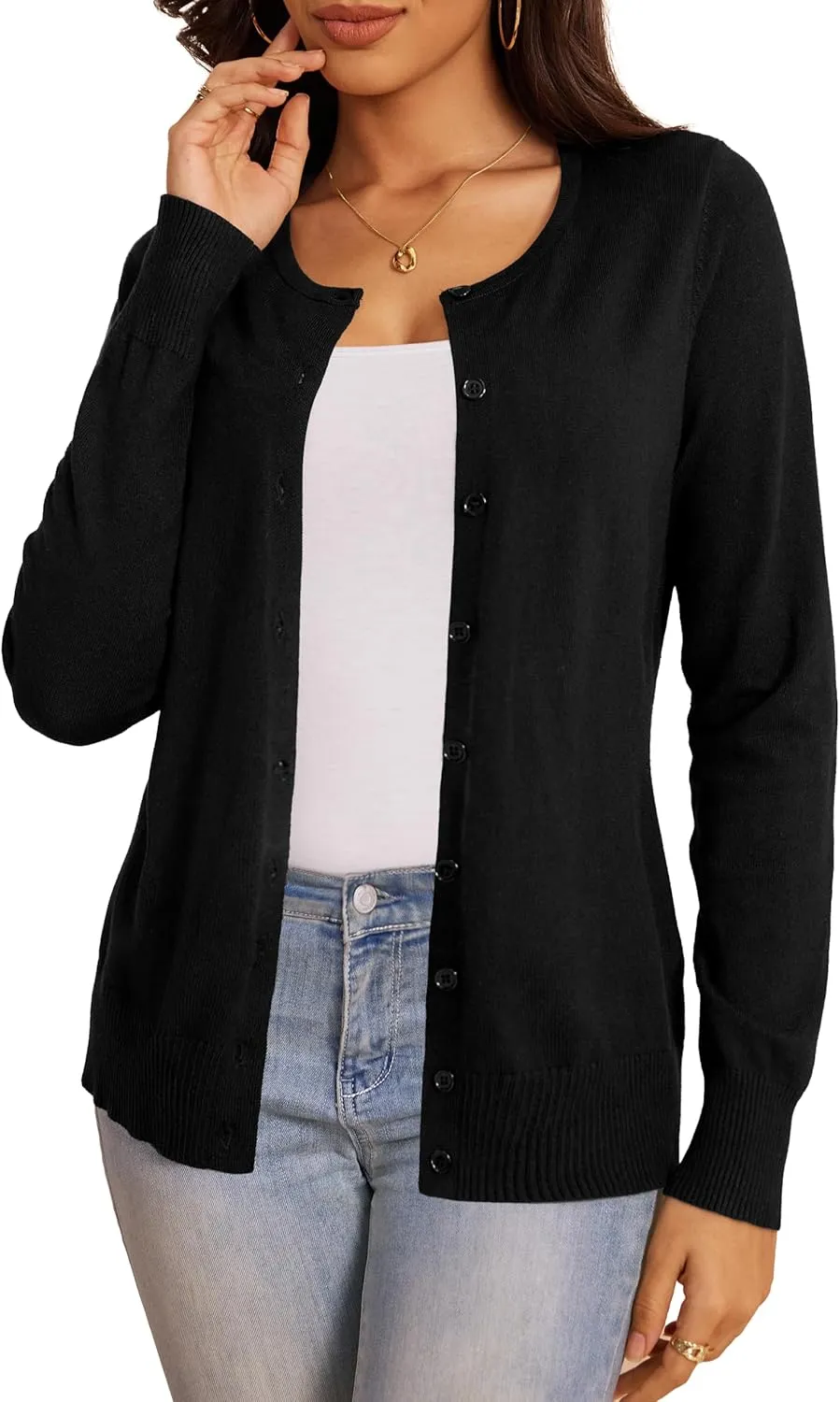 a.Jesdani Women's Button Down Crew Neck Long Sleeve Soft Knit Cardigan Sweaters