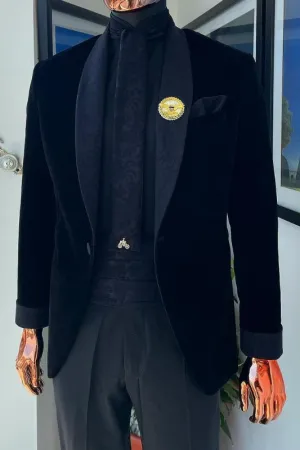 Allen Chic Black Shawl Collar Two-Piece Velvet Wedding Ensemble For Men