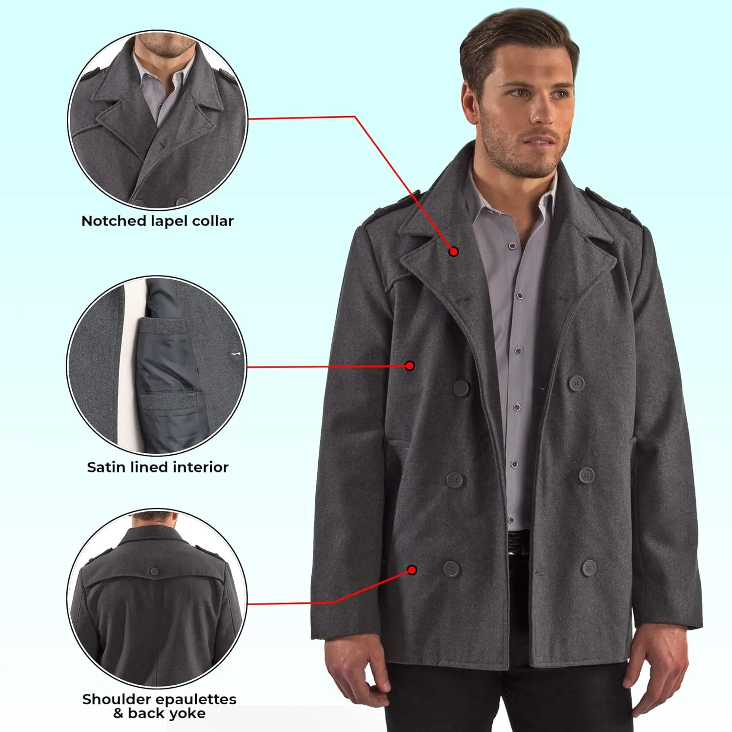 Alpine Swiss Jake Mens Wool Pea Coat Double Breasted Peacoat Jacket