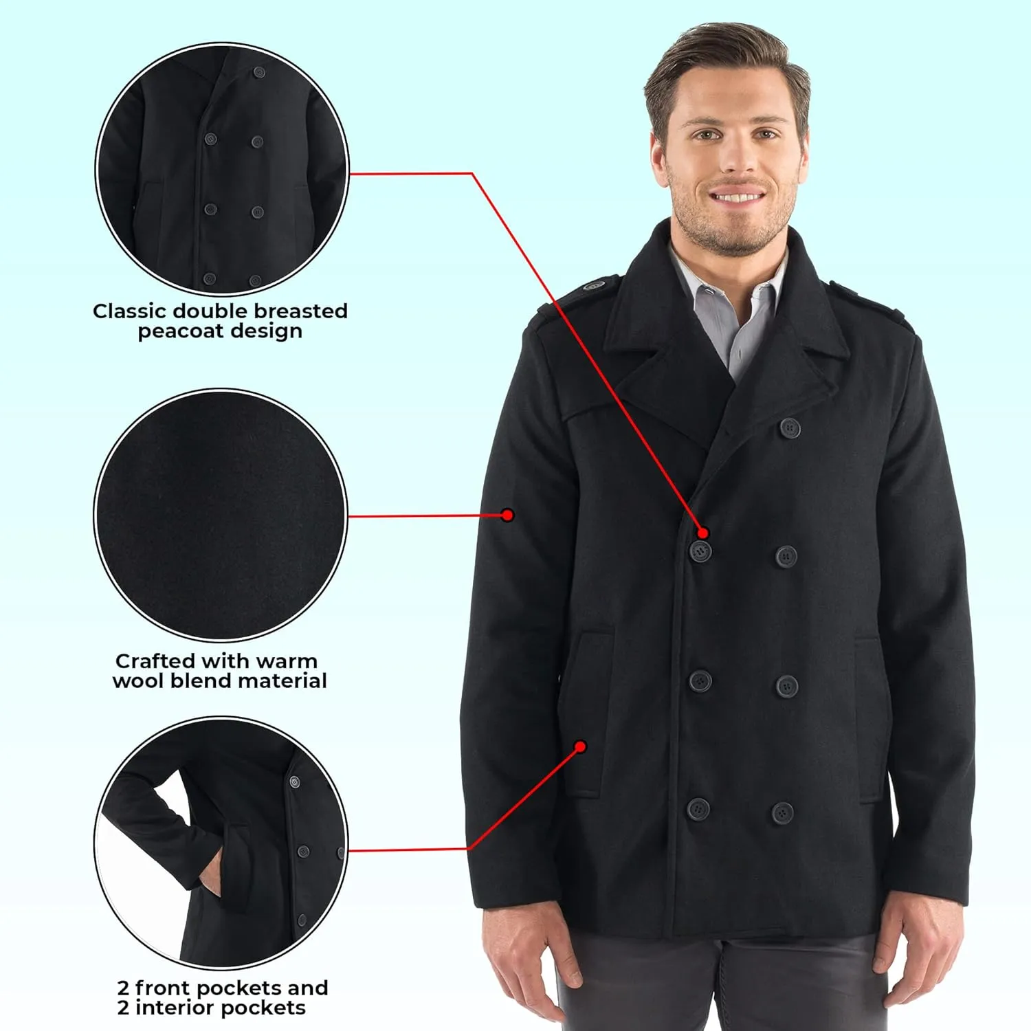 Alpine Swiss Jake Mens Wool Pea Coat Double Breasted Peacoat Jacket