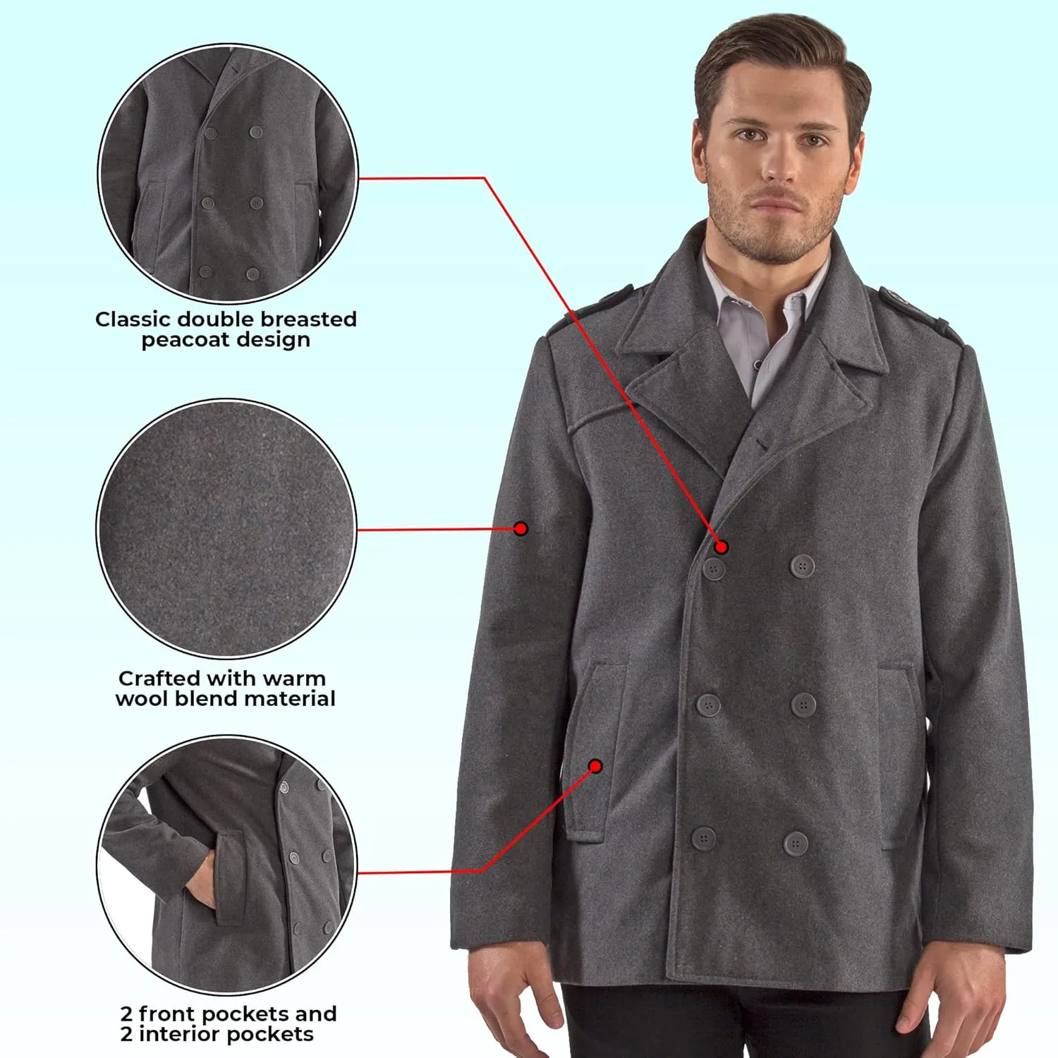 Alpine Swiss Jake Mens Wool Pea Coat Double Breasted Peacoat Jacket