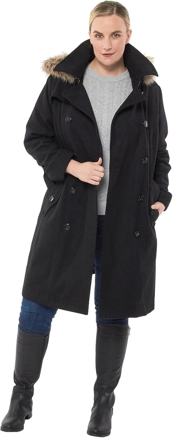 Alpine Swiss Womens Parka Trench Pea Coat Belt Jacket Fur Hood Reg & Plus Sizes