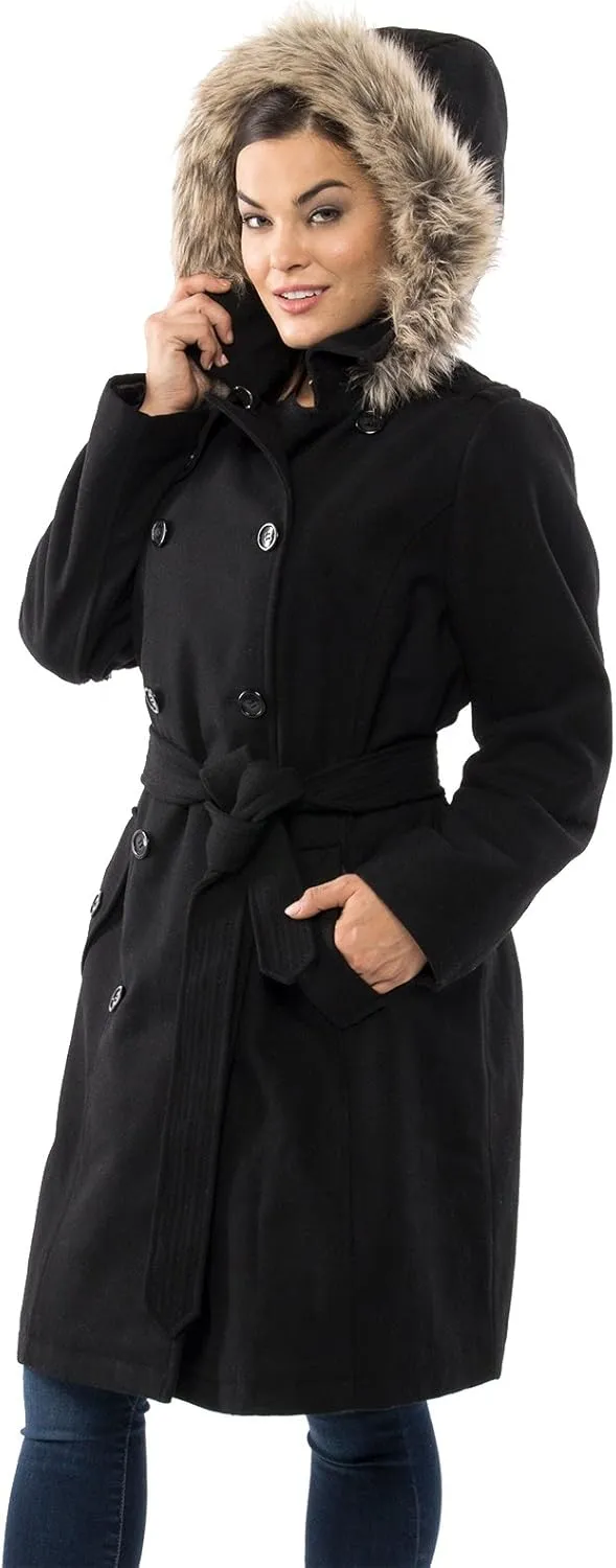 Alpine Swiss Womens Parka Trench Pea Coat Belt Jacket Fur Hood Reg & Plus Sizes