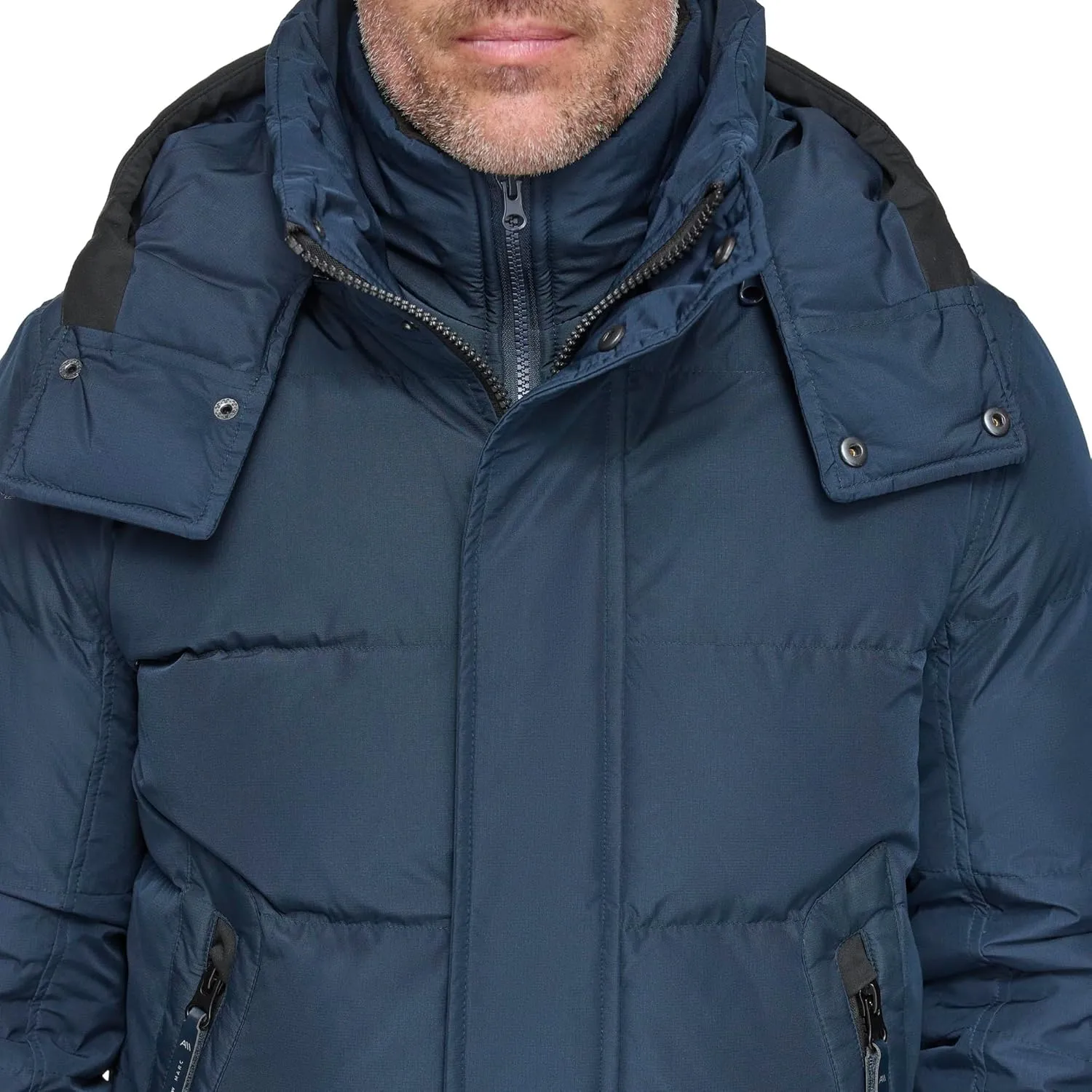 Andrew Marc Men's Short Quilted Inner Bib Attached Down Fill Phoenix Down Bomber Hybrid