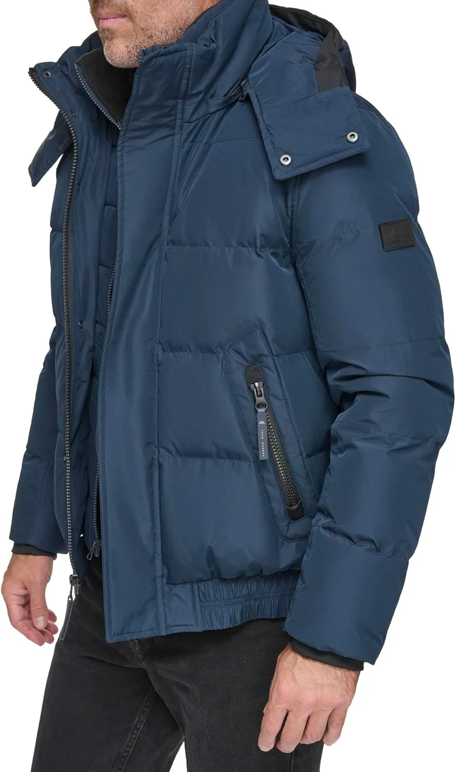 Andrew Marc Men's Short Quilted Inner Bib Attached Down Fill Phoenix Down Bomber Hybrid