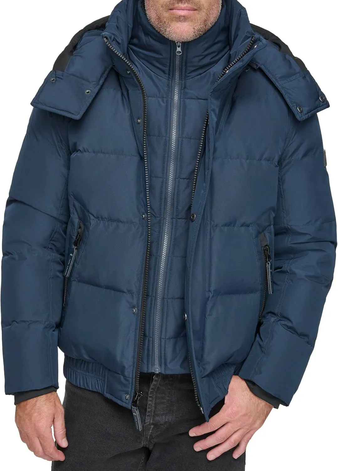 Andrew Marc Men's Short Quilted Inner Bib Attached Down Fill Phoenix Down Bomber Hybrid