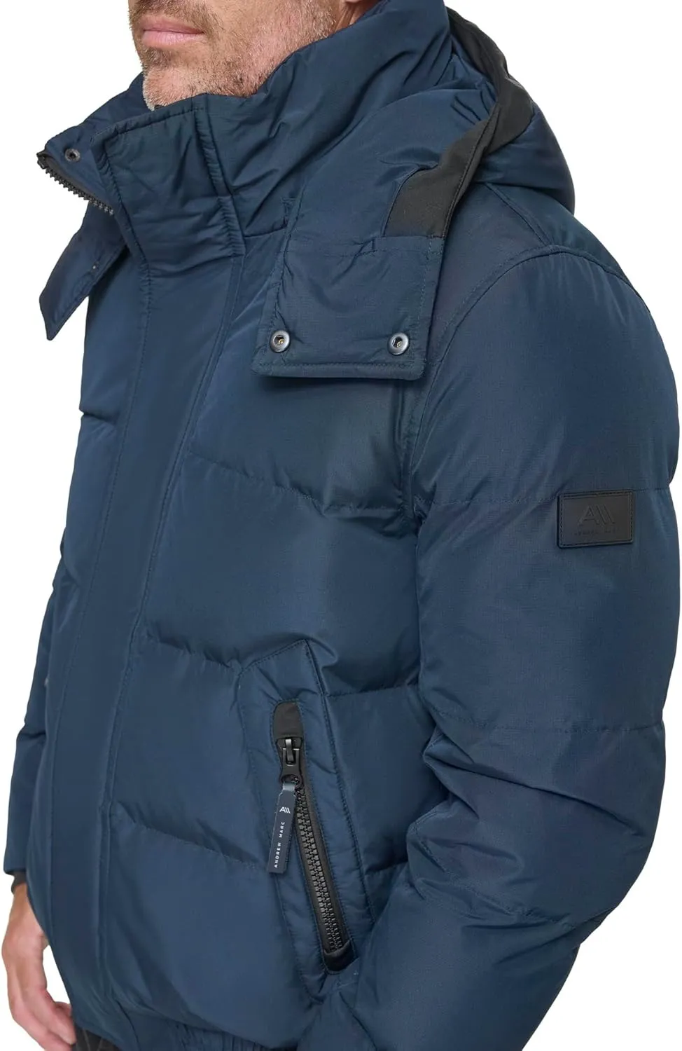 Andrew Marc Men's Short Quilted Inner Bib Attached Down Fill Phoenix Down Bomber Hybrid