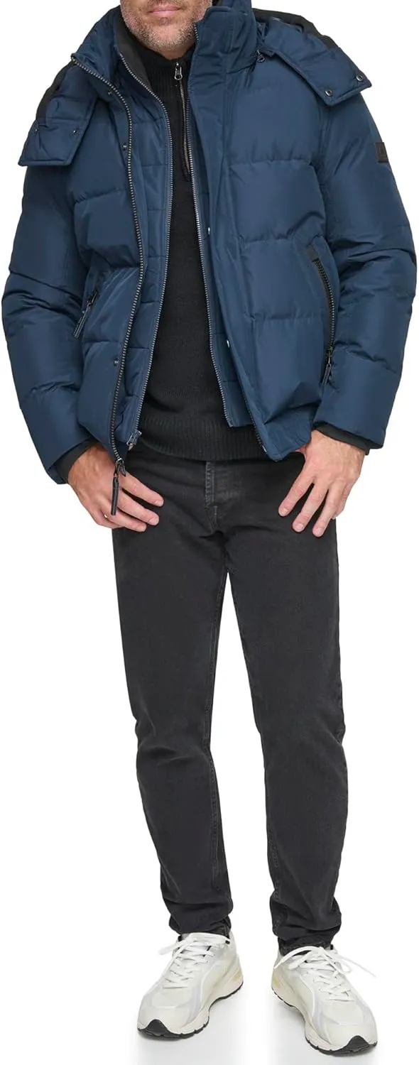 Andrew Marc Men's Short Quilted Inner Bib Attached Down Fill Phoenix Down Bomber Hybrid