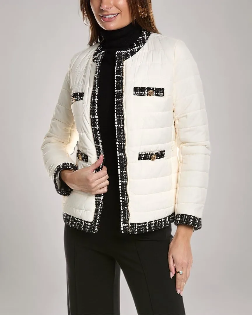 Anne Klein Womens Tweed Trim Outerwear Quilted Coat