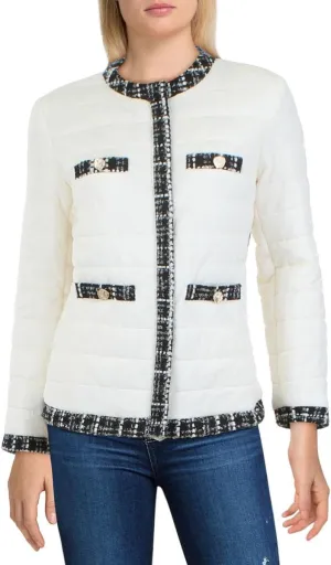 Anne Klein Womens Tweed Trim Outerwear Quilted Coat