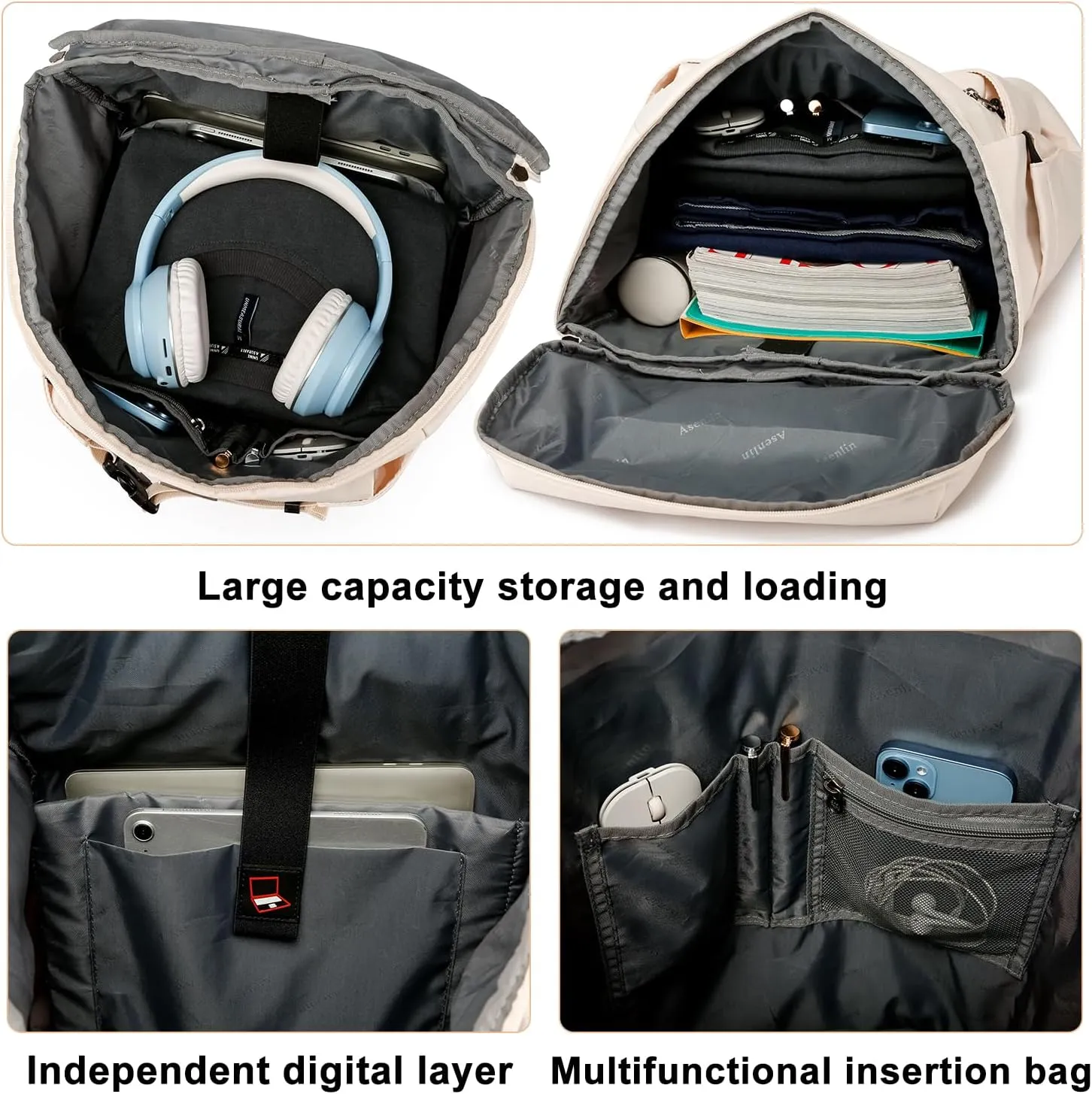 Asenlin Travel Backpack for Women Men40L Extra Large Hiking Backpack18 Inch Carry on Backpack Water Resistant for Casual Daypack Gym Backpack-Beige