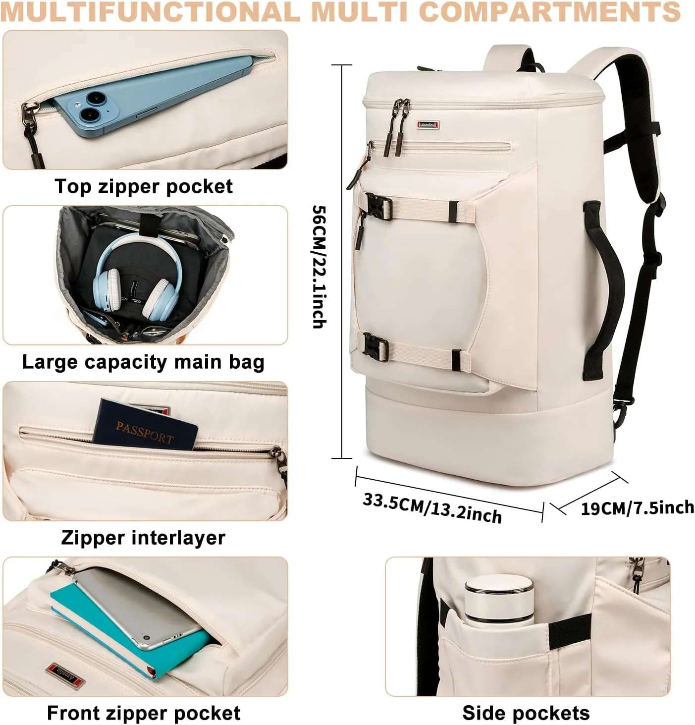 Asenlin Travel Backpack for Women Men40L Extra Large Hiking Backpack18 Inch Carry on Backpack Water Resistant for Casual Daypack Gym Backpack-Beige