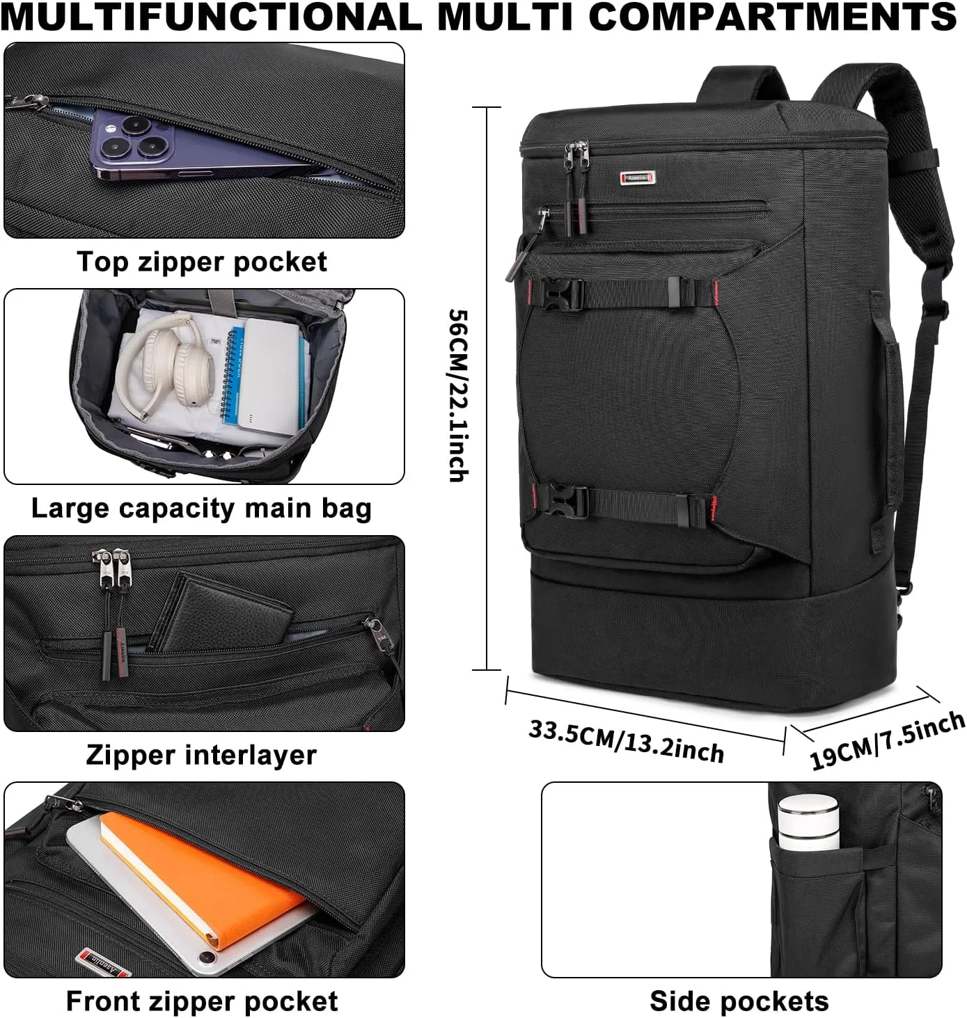 Asenlin Travel Backpack for Women Men40L Extra Large Hiking Backpack18 Inch Carry on Backpack Water Resistant for Casual Daypack Gym Backpack-Black
