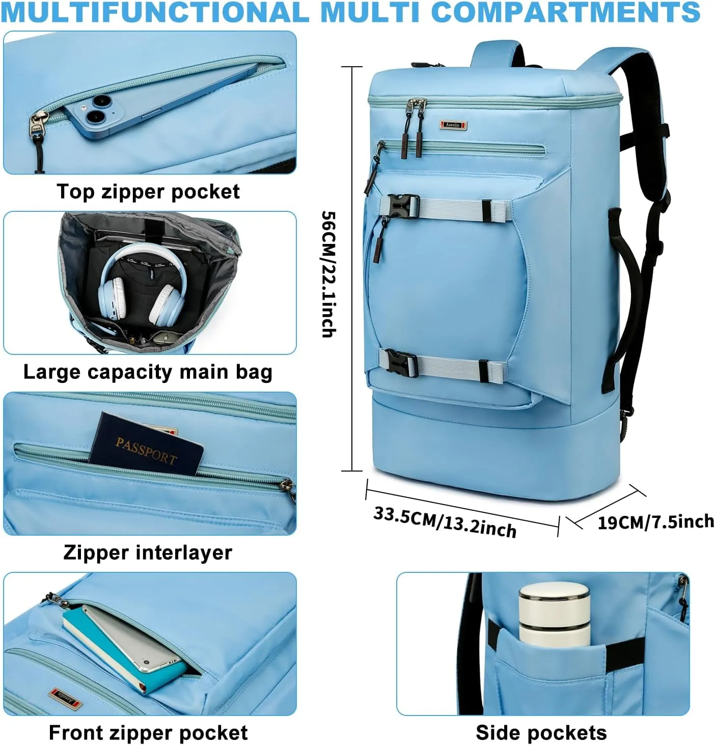 Asenlin Travel Backpack for Women Men40L Extra Large Hiking Backpack18 Inch Carry on Backpack Water Resistant for Casual Daypack Gym Backpack-LBLUE