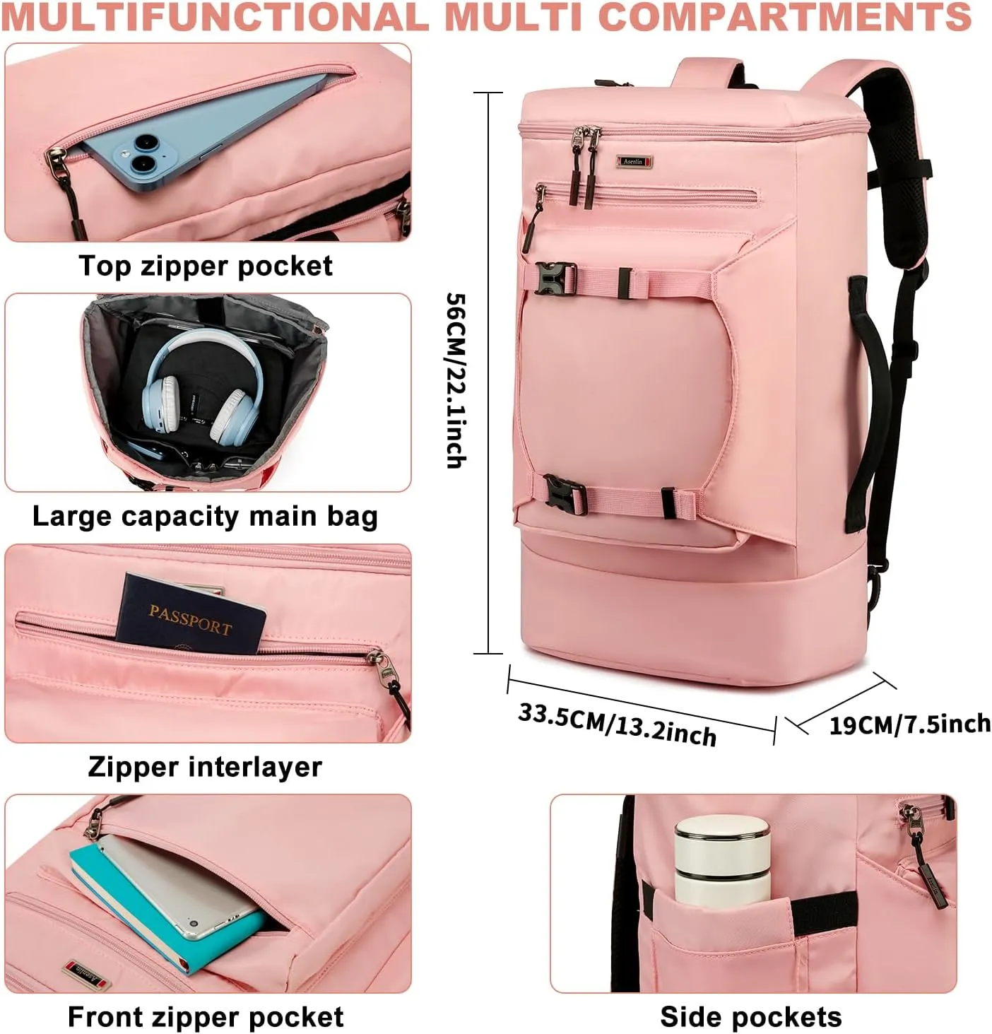 Asenlin Travel Backpack for Women Men40L Extra Large Hiking Backpack18 Inch Carry on Backpack Water Resistant for Casual Daypack Gym Backpack-PalePink