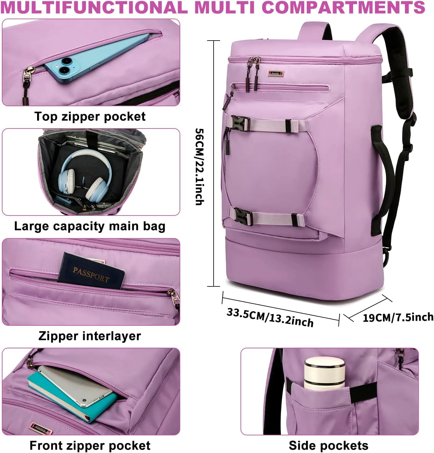 Asenlin Travel Backpack for Women Men40L Extra Large Hiking Backpack18 Inch Carry on Backpack Water Resistant for Casual Daypack Gym Backpack-Purple