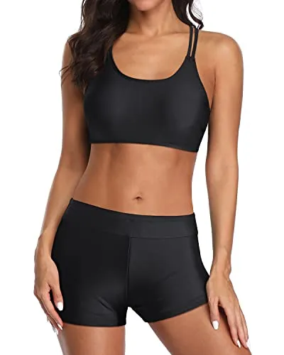 Athletic Sports Bra And Boy Shorts 3 Piece Tankini Swimsuits-Black Leopard