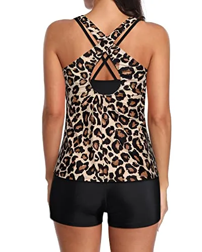 Athletic Sports Bra And Boy Shorts 3 Piece Tankini Swimsuits-Black Leopard