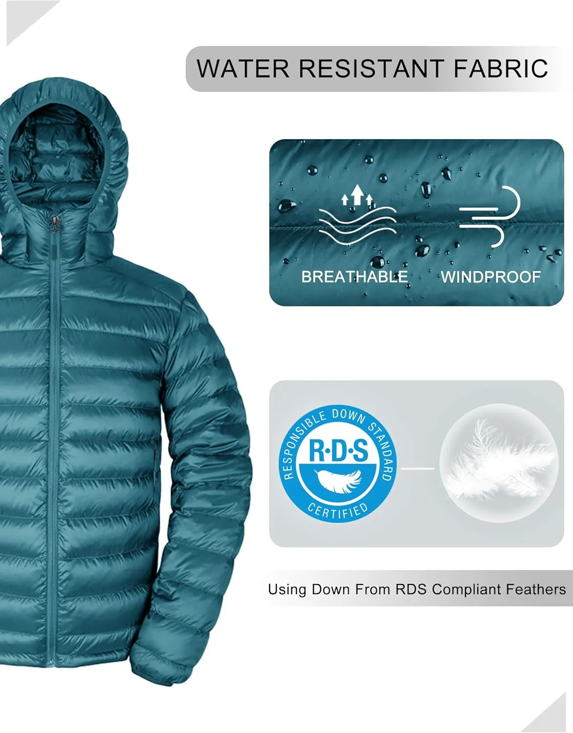 Bakery Men's Down Jacket Hooded Packable Down Puffer Jacket Lightweight Water-Resistant Insulated Down Jacket