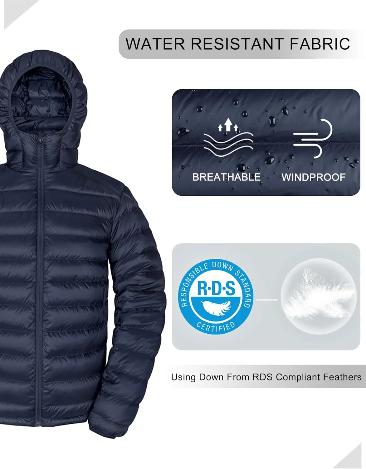 Bakery Men's Down Jacket Hooded Packable Down Puffer Jacket Lightweight Water-Resistant Insulated Down Jacket