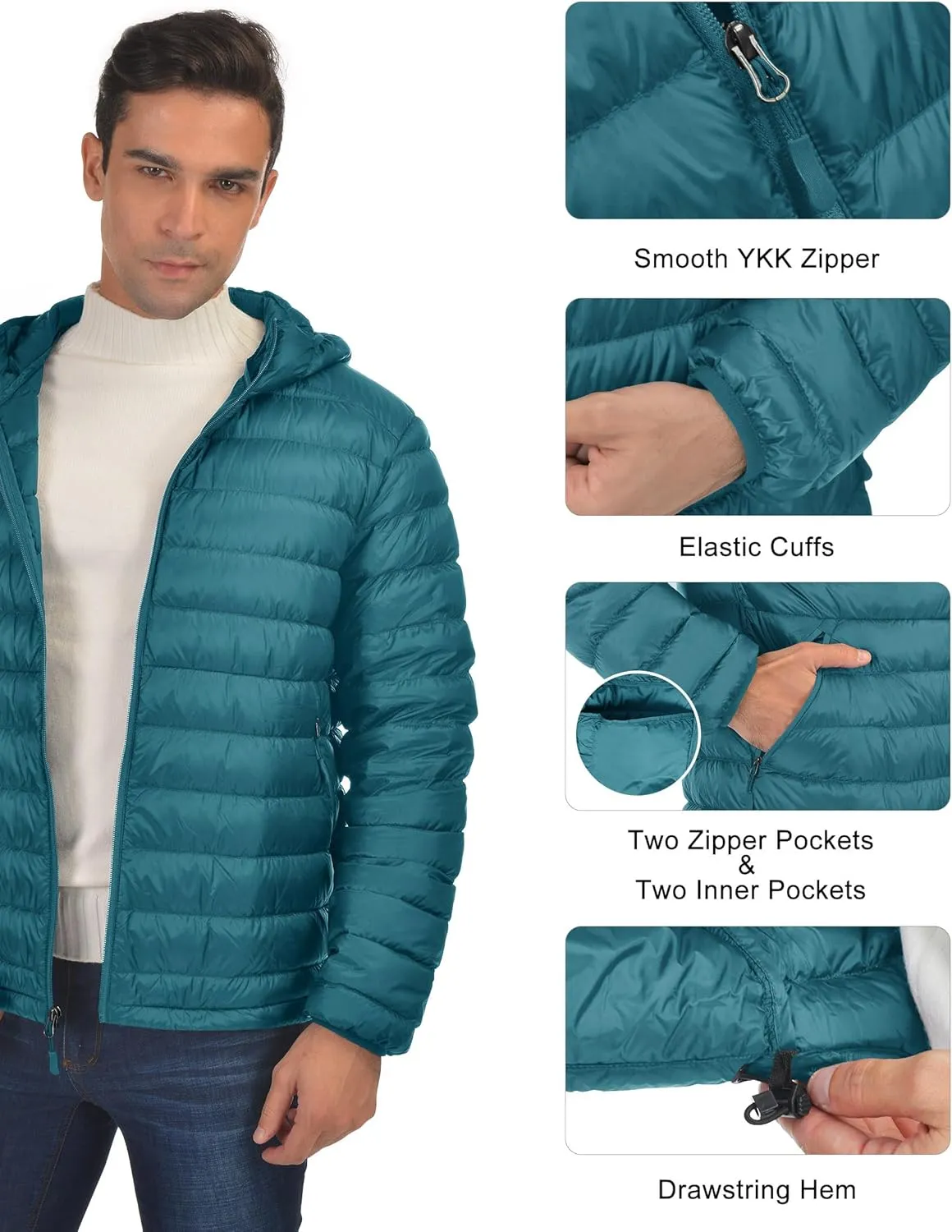 Bakery Men's Down Jacket Hooded Packable Down Puffer Jacket Lightweight Water-Resistant Insulated Down Jacket