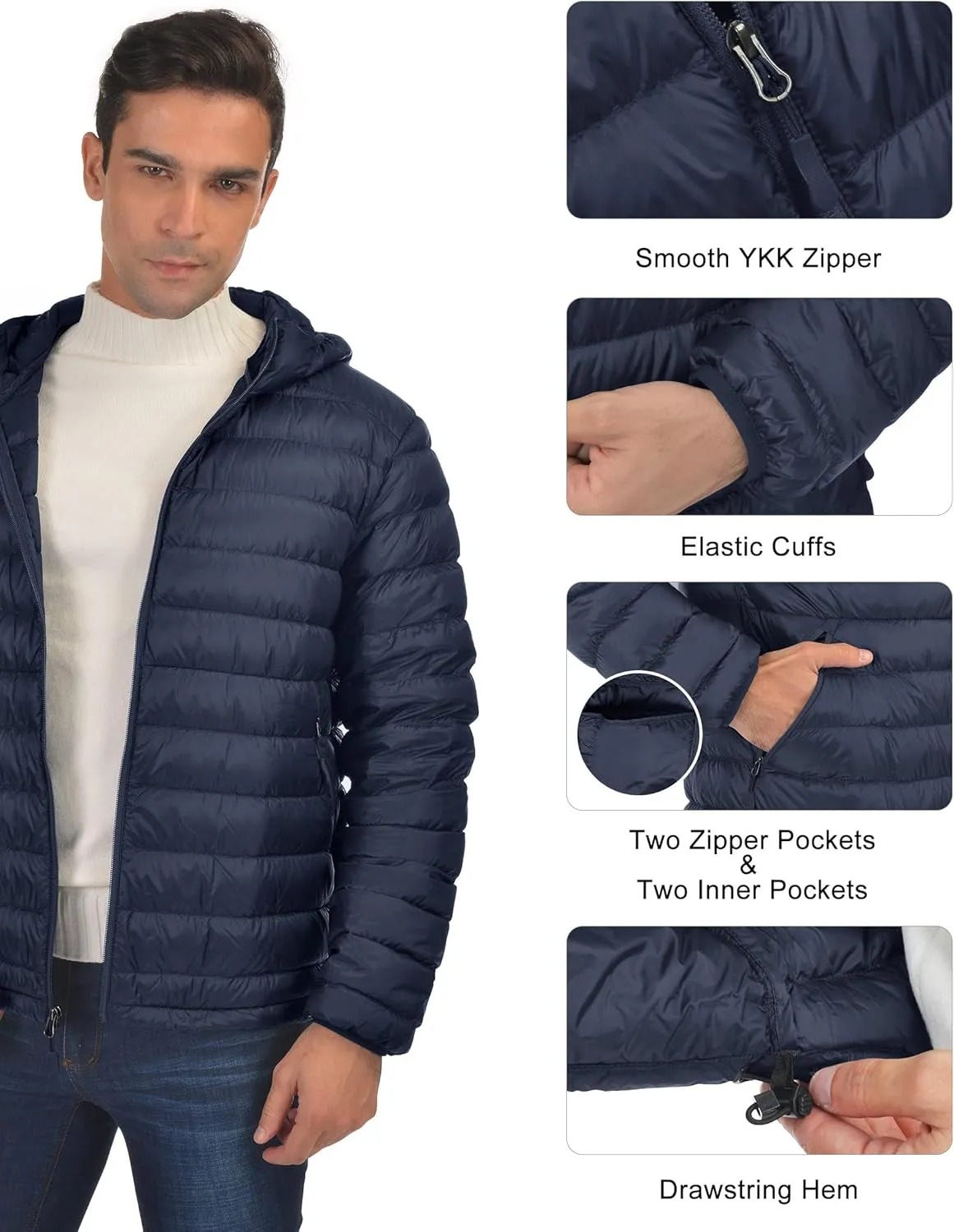 Bakery Men's Down Jacket Hooded Packable Down Puffer Jacket Lightweight Water-Resistant Insulated Down Jacket
