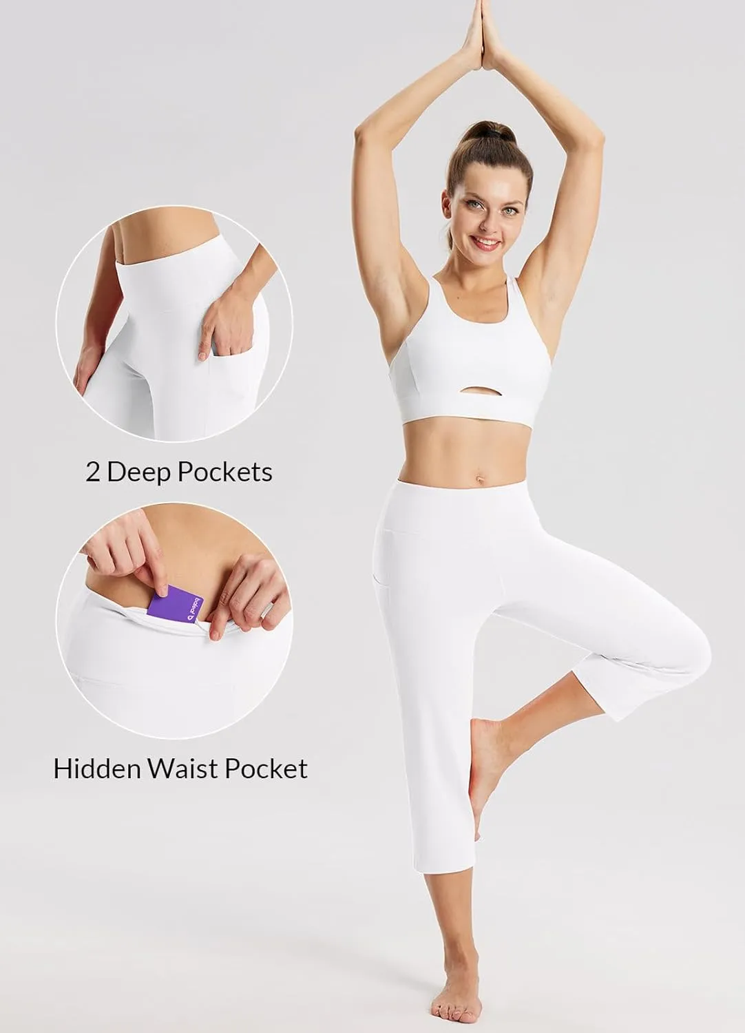 baleaf Womens Yoga Capri Pants High Waist Capri Leggings with Pockets Wide Leg Crop Exercise Workout Summer Pants