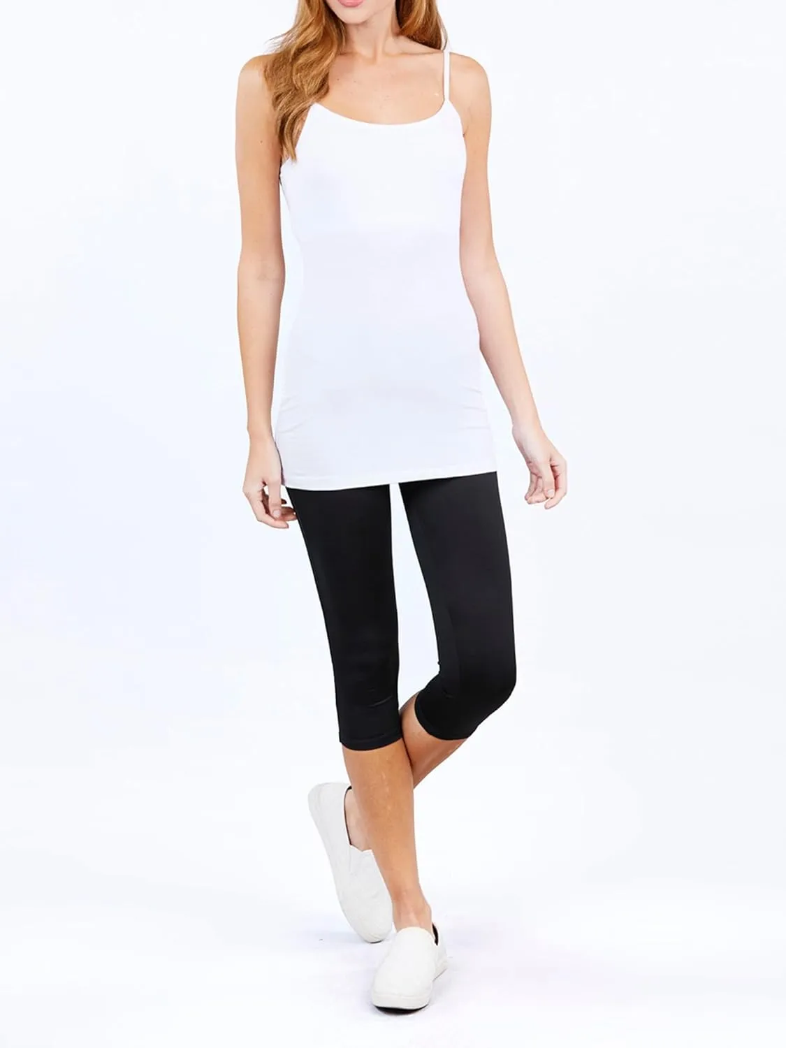 Basic Long Solid Camisole for Women with Adjustable Spaghetti Strap Layering Undershirt Tank Top