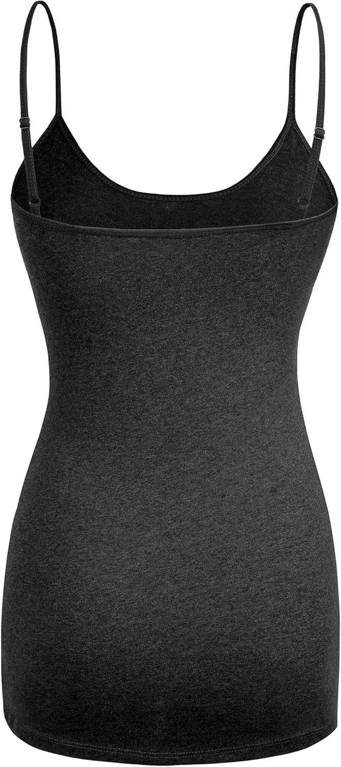 Basic Long Solid Camisole for Women with Adjustable Spaghetti Strap Layering Undershirt Tank Top