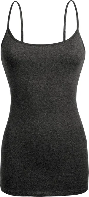 Basic Long Solid Camisole for Women with Adjustable Spaghetti Strap Layering Undershirt Tank Top