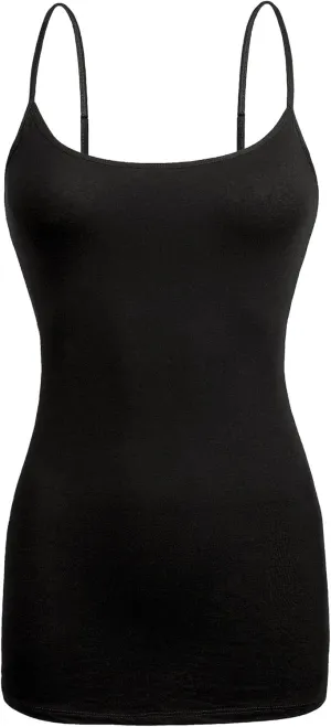 Basic Long Solid Camisole for Women with Adjustable Spaghetti Strap Layering Undershirt Tank Top
