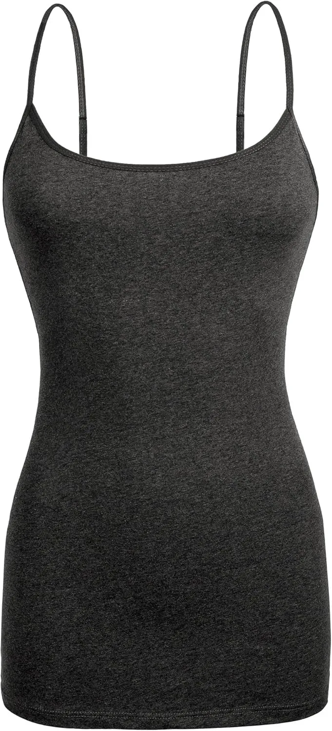 Basic Long Solid Camisole for Women with Adjustable Spaghetti Strap Layering Undershirt Tank Top