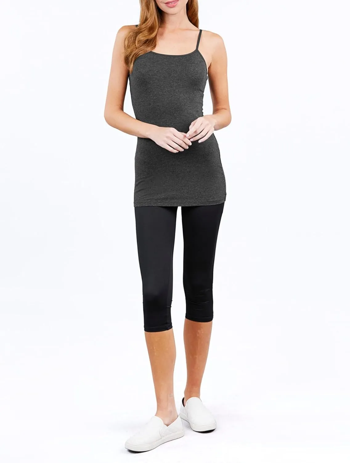 Basic Long Solid Camisole for Women with Adjustable Spaghetti Strap Layering Undershirt Tank Top