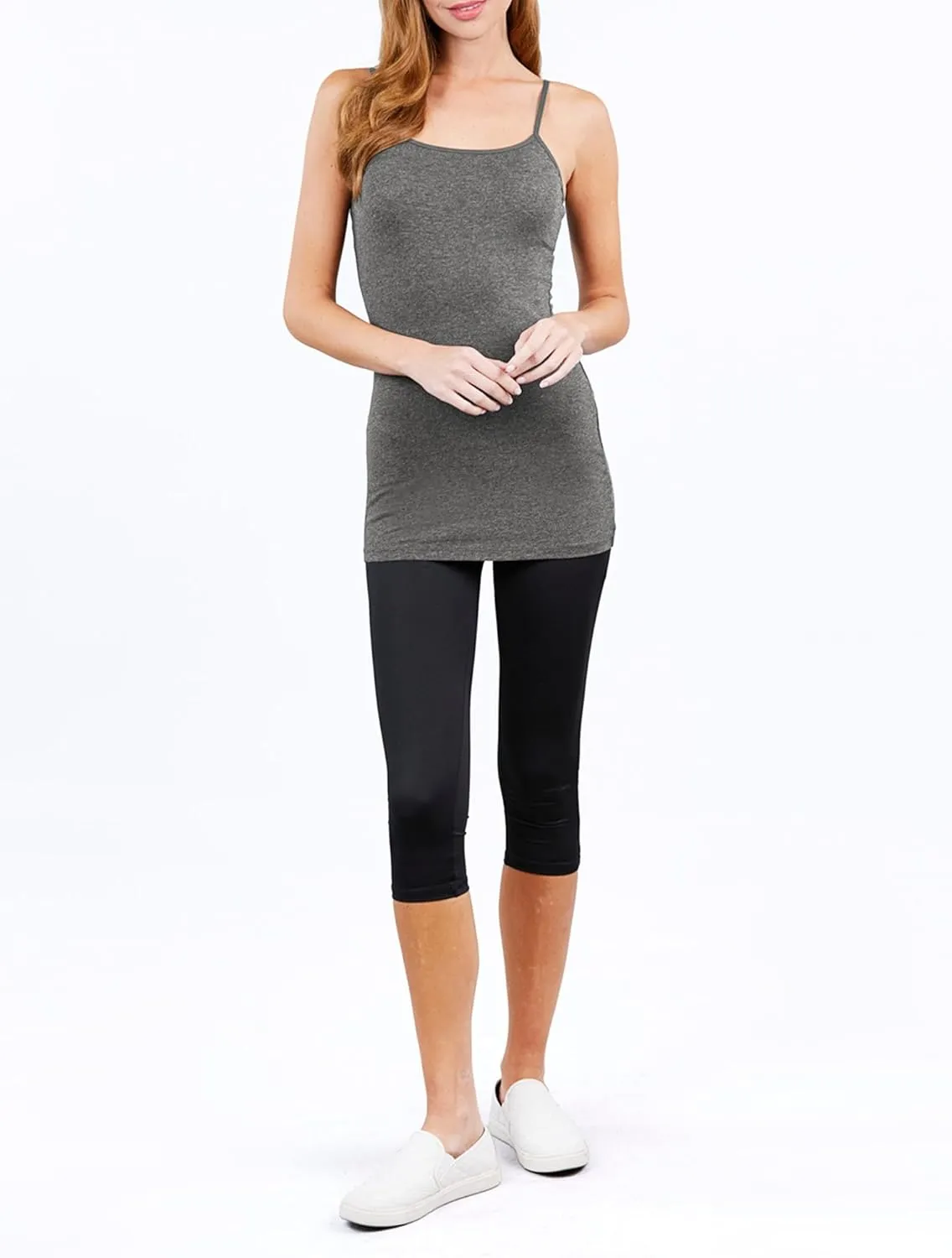 Basic Long Solid Camisole for Women with Adjustable Spaghetti Strap Layering Undershirt Tank Top