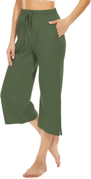 BATHRINS Womens Wide Leg Capri Pants Drawstring Loose Sweatpants Comfy Lounge Pajama Capris with Pockets