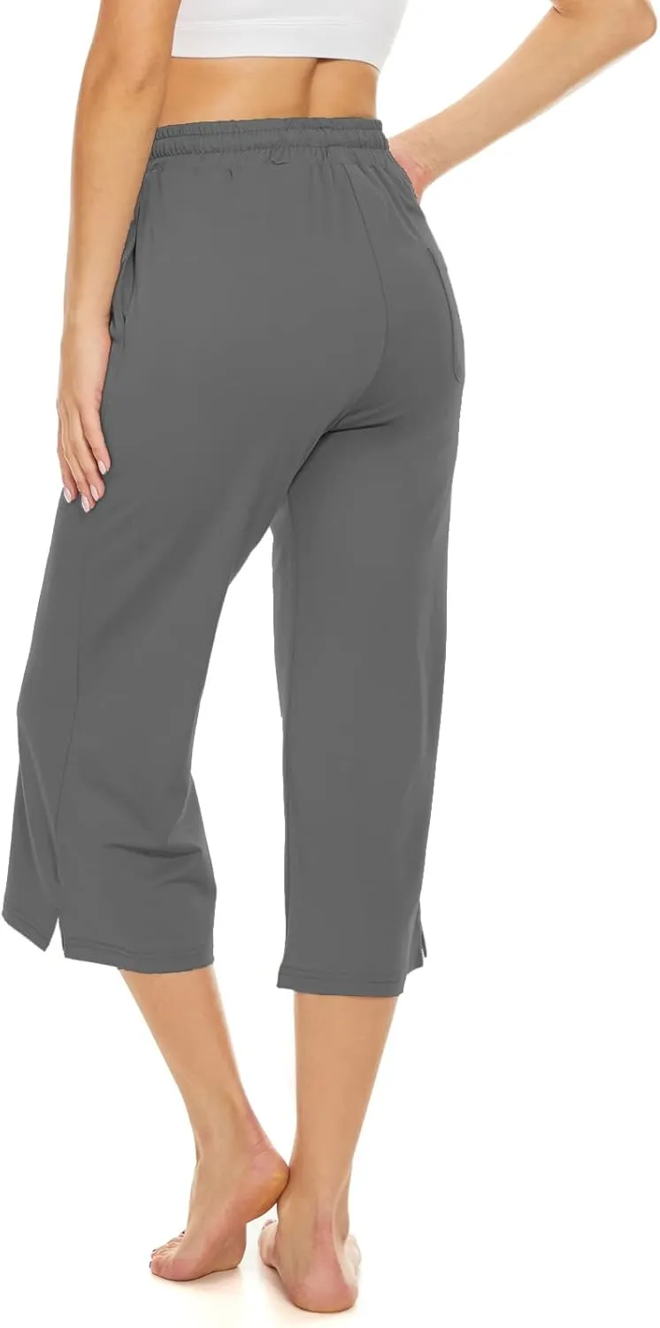 BATHRINS Womens Wide Leg Capri Pants Drawstring Loose Sweatpants Comfy Lounge Pajama Capris with Pockets