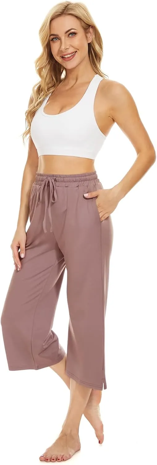 BATHRINS Womens Wide Leg Capri Pants Drawstring Loose Sweatpants Comfy Lounge Pajama Capris with Pockets