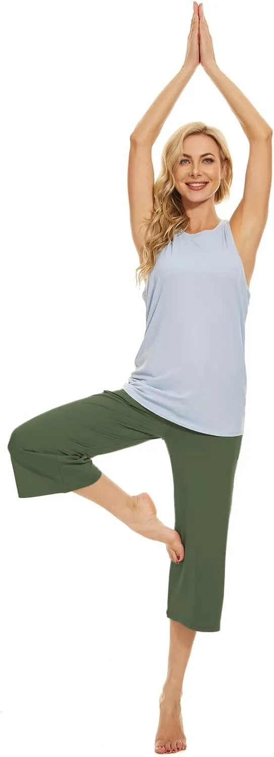 BATHRINS Womens Wide Leg Capri Pants Drawstring Loose Sweatpants Comfy Lounge Pajama Capris with Pockets