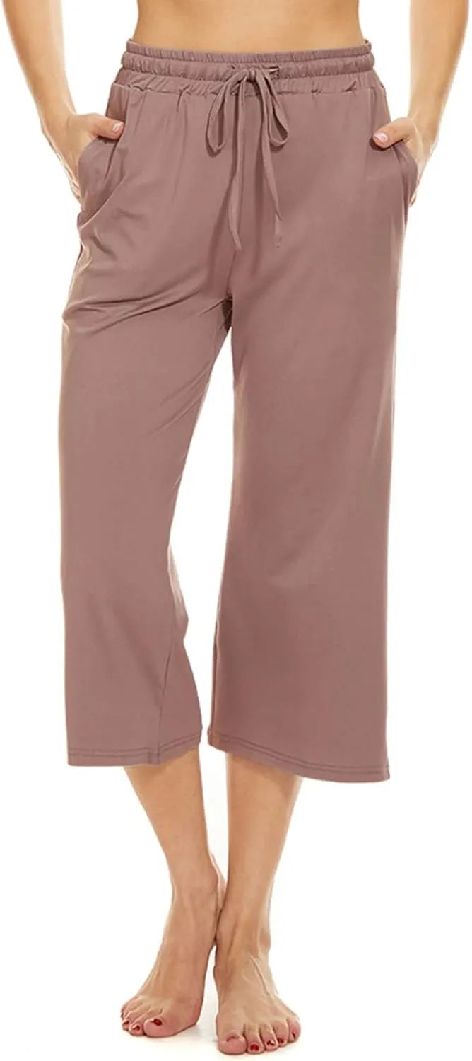 BATHRINS Womens Wide Leg Capri Pants Drawstring Loose Sweatpants Comfy Lounge Pajama Capris with Pockets