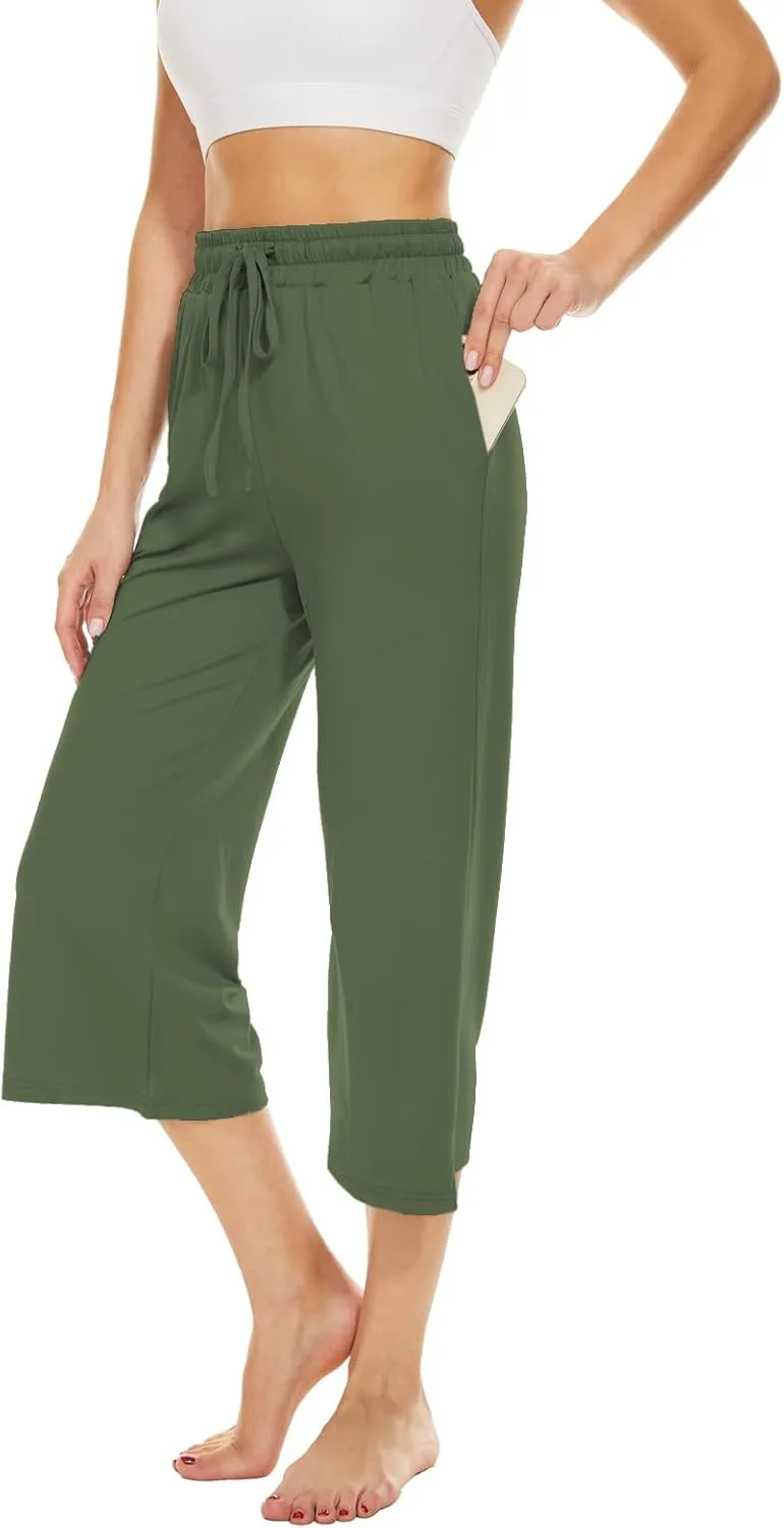 BATHRINS Womens Wide Leg Capri Pants Drawstring Loose Sweatpants Comfy Lounge Pajama Capris with Pockets